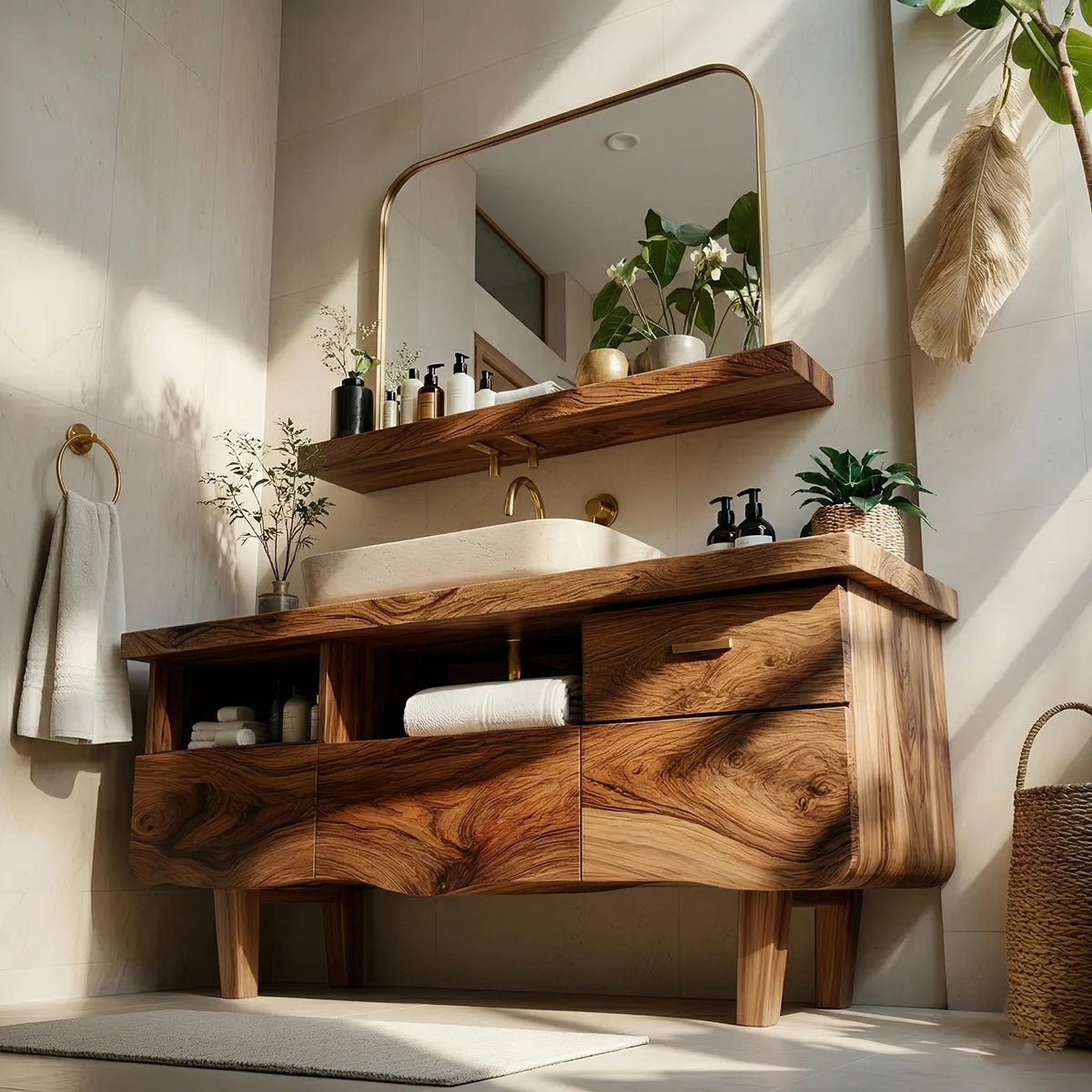 Contemporary Solid Wood Bathroom Vanity with Wave Front and Open Shelf