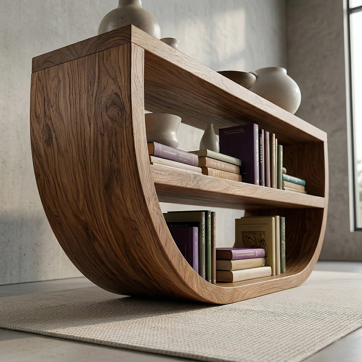 Modern Solid Wood Console Table with Curved Base and Open Shelf