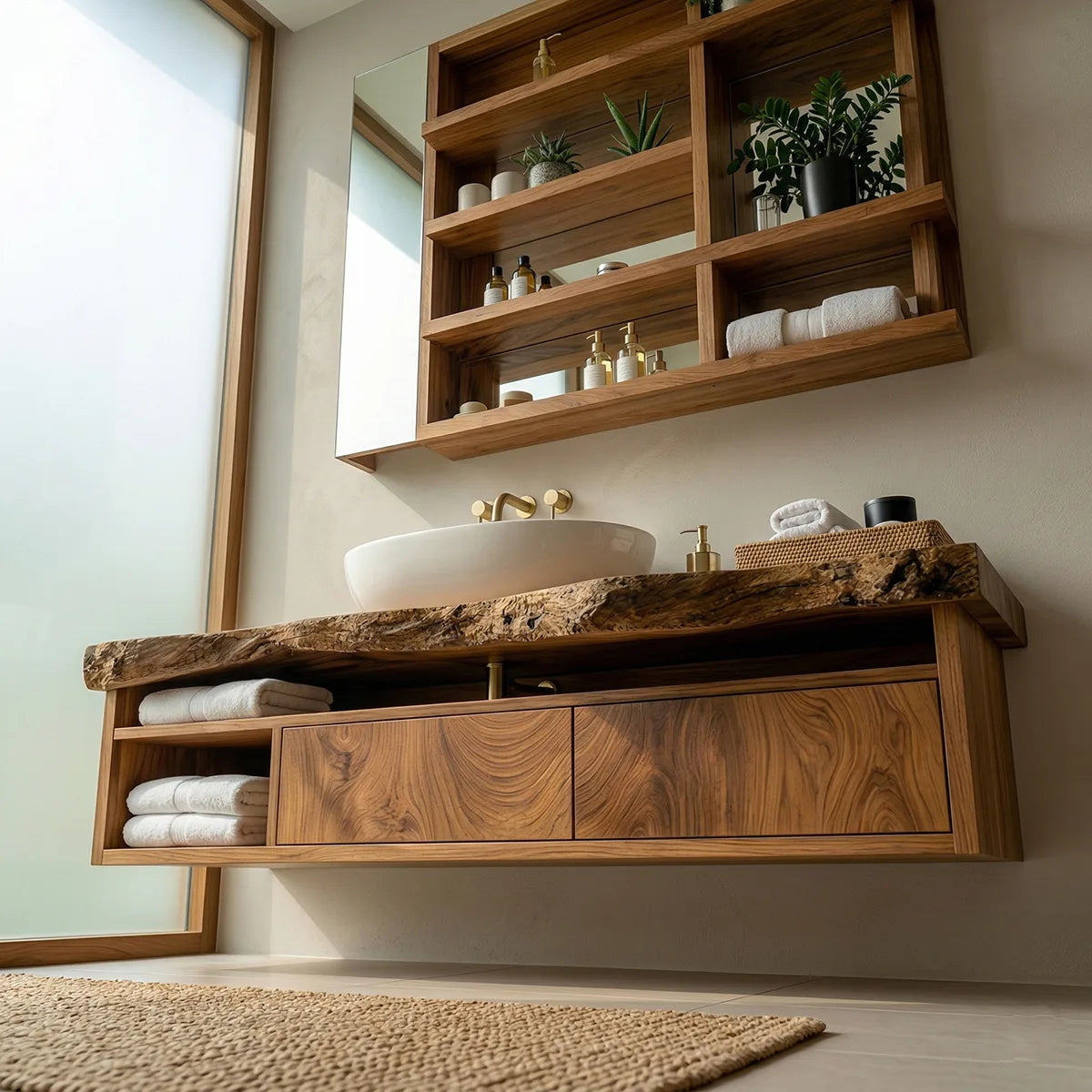 Floating Solid Wood Bathroom Vanity with Live Edge Top and Drawers