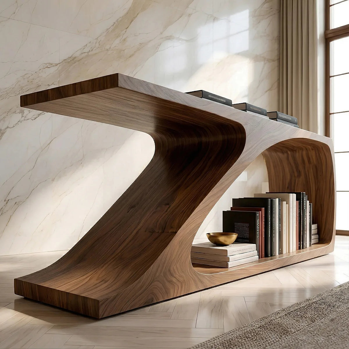 Solid Wood Sofa Console Table with Sculptural Curved Shelf Base