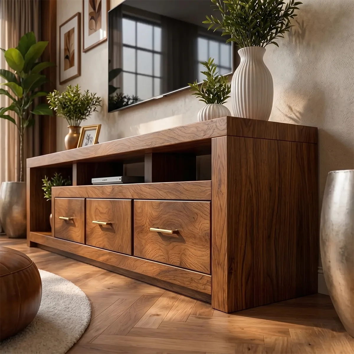 Solid Wood TV Stand with Open Shelves and 3 Drawers