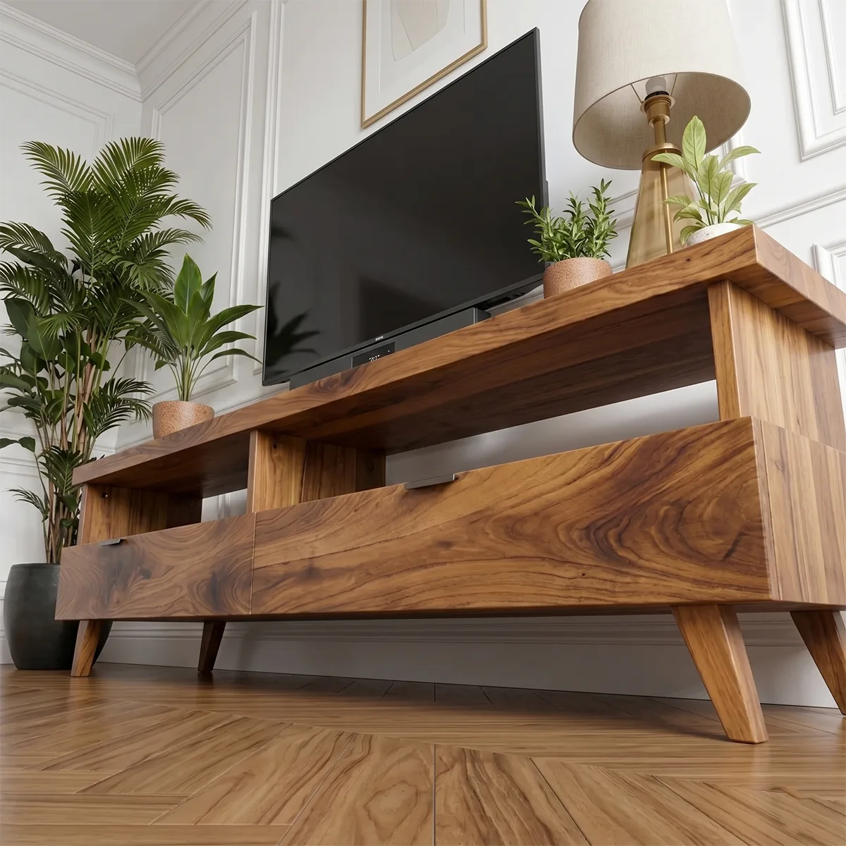 Minimalist TV Stand with Open Shelf and 2 Drawers