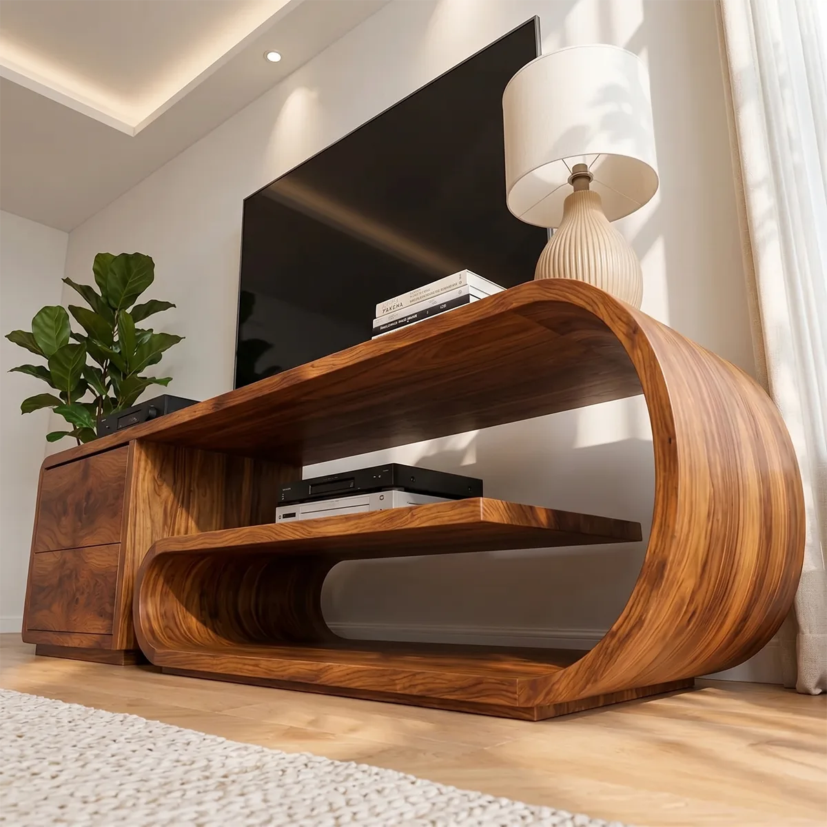 Solid Wood TV Stand with Rounded Open Shelf and 2 Drawers