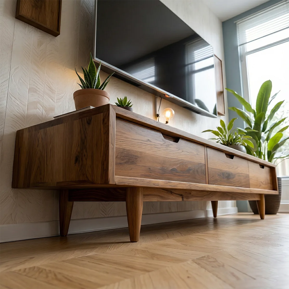 Solid Wood TV Stand with 3 Drawers and Low Mid-Century Profile