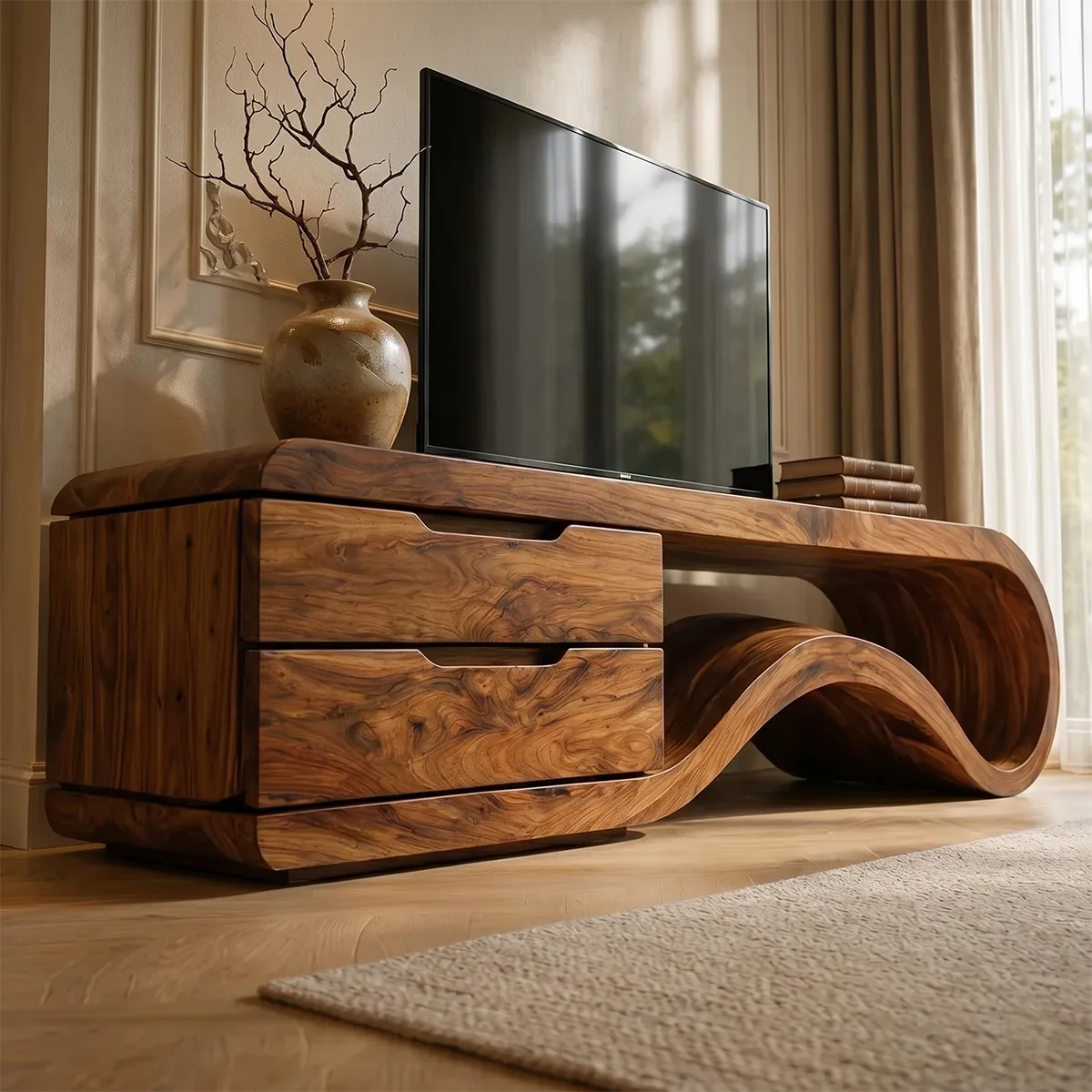 Solid Wood TV Console with Sculptural Wave Shelf and 2 Drawers