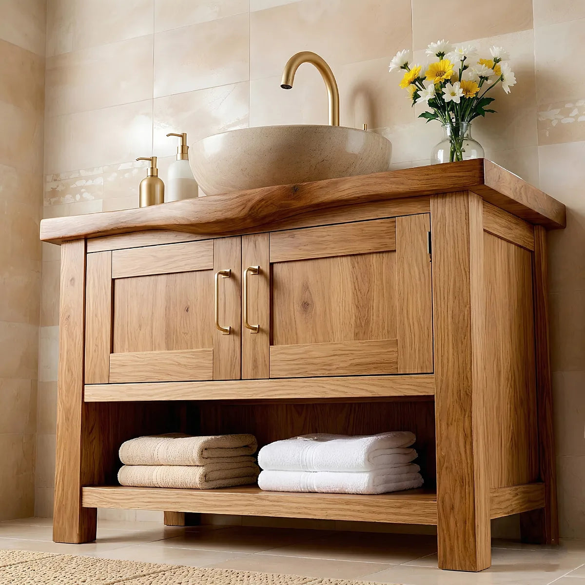 Handcrafted Natural Solid Wood Vanity Cabinet with Double Doors and Open Shelf