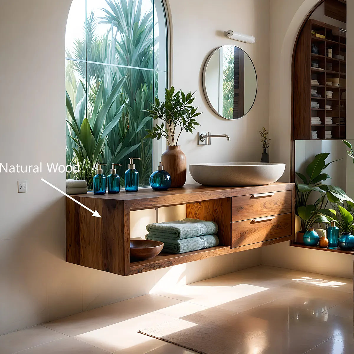 Natural Wood Floating Vanity Idea For Bathroom Upgrade