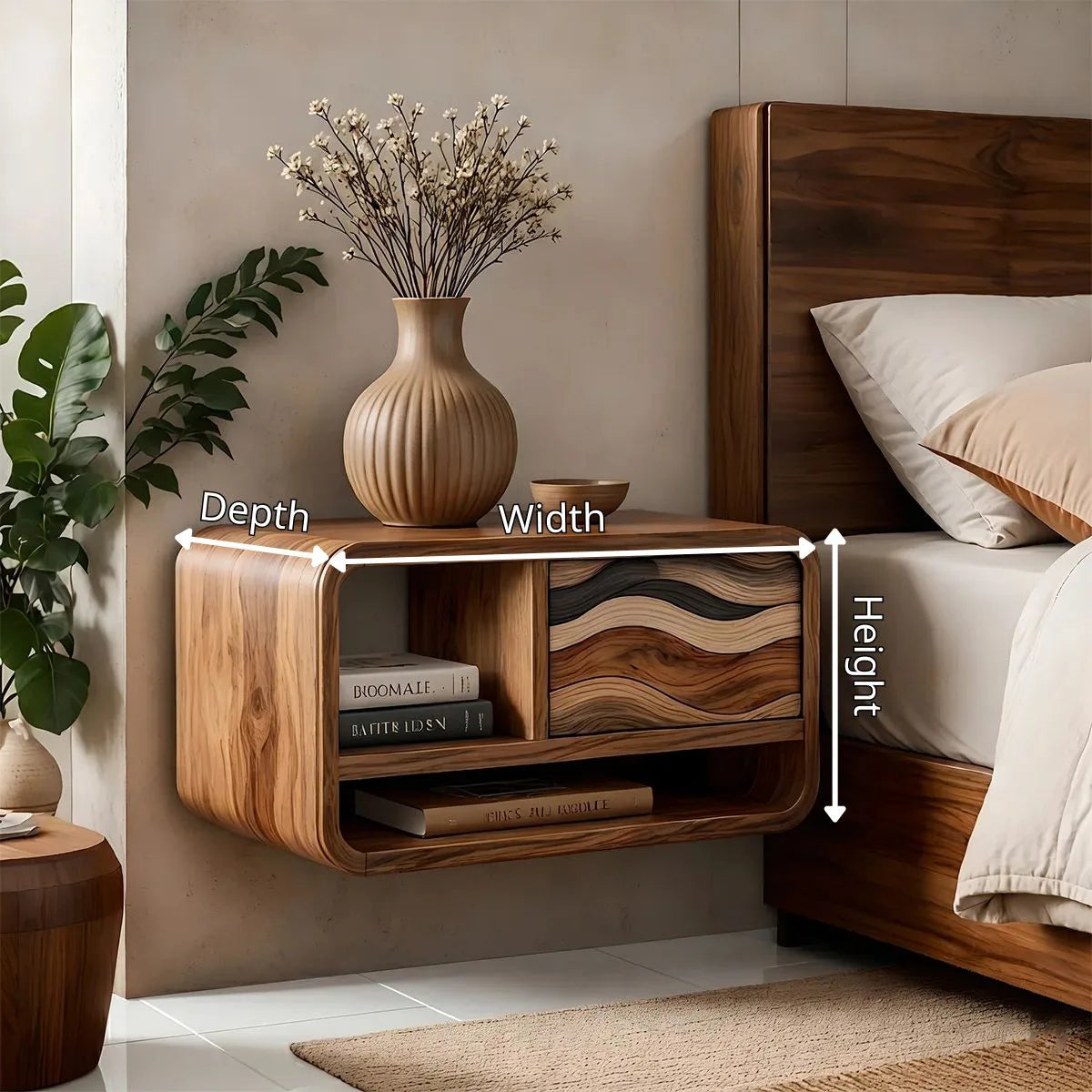 Floating Nightstand | Modern Curved Wall Mounted Bedside Table TH003-1336
