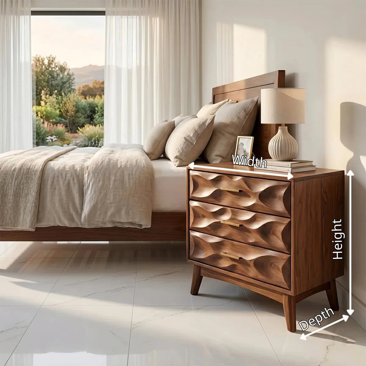 Modern Nightstand with 3 Drawers | Sculptural Contemporary Bedside Table TH003-5140