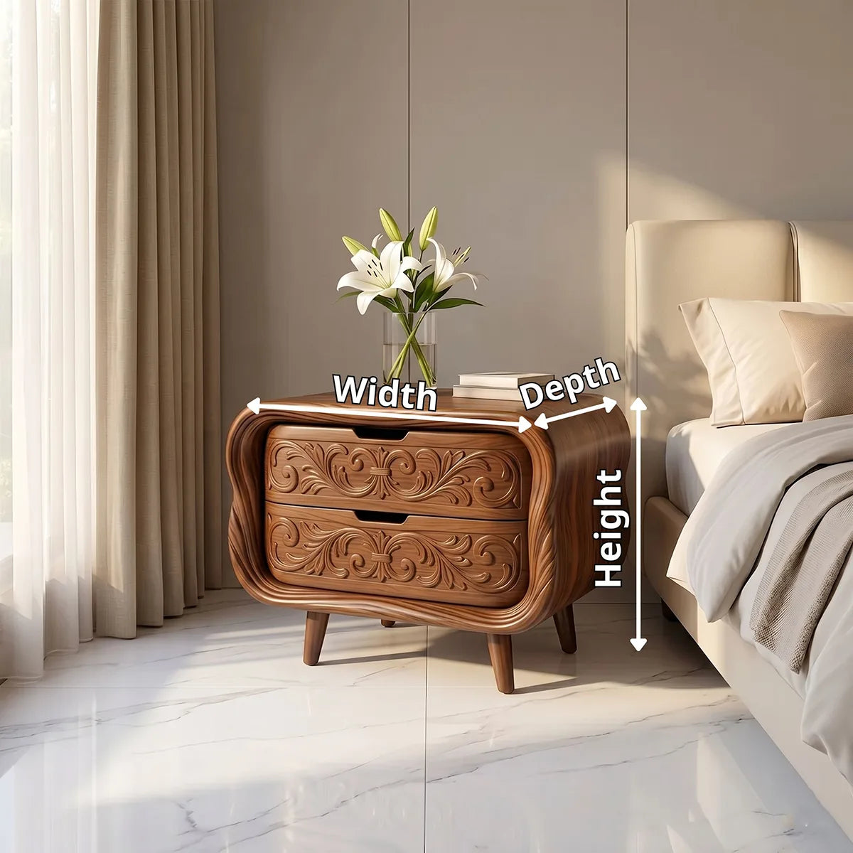 Carved Nightstand with 2 Drawers | Luxury Sculptural Bedside Table TH003-7822