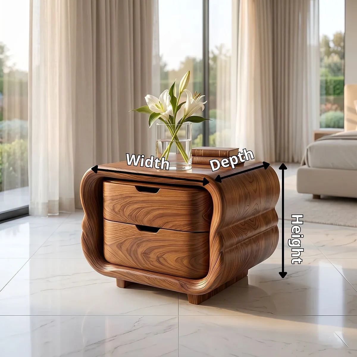 Modern Curved Nightstand | Sculptural 2 Drawer Bedside Table TH003-3504