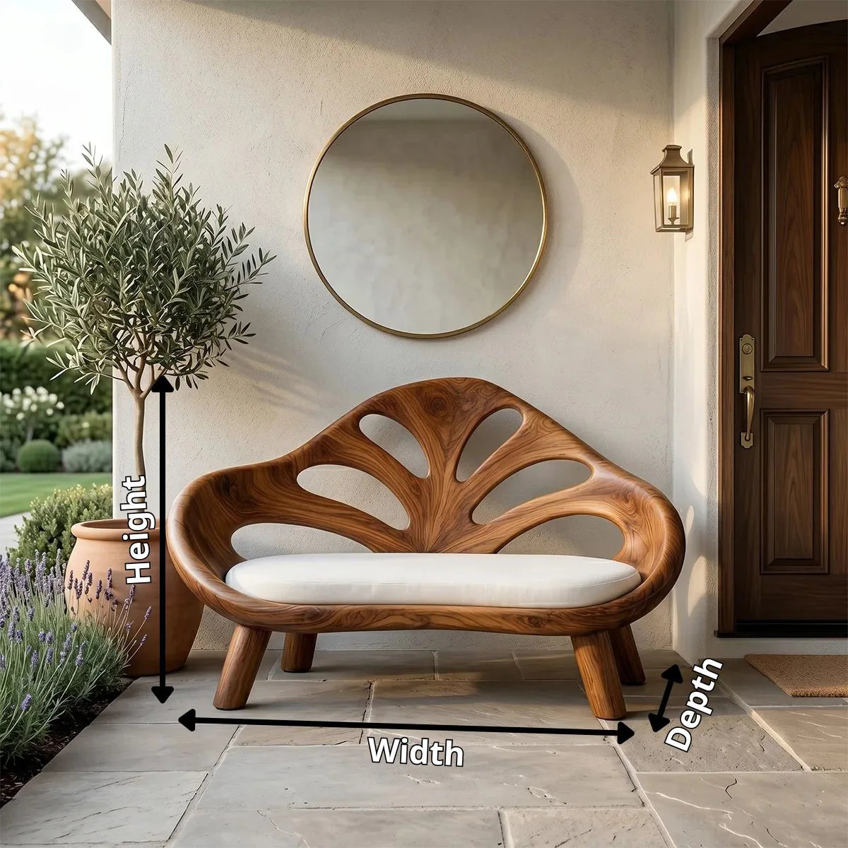 Organic Sculptural Wooden Bench with Artistic Openwork Backrest TH003-5206