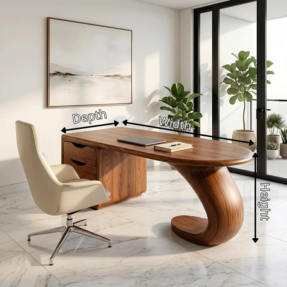 Sculptural Executive Desk | Modern Waterfall Office Desk with Storage TH003-5960