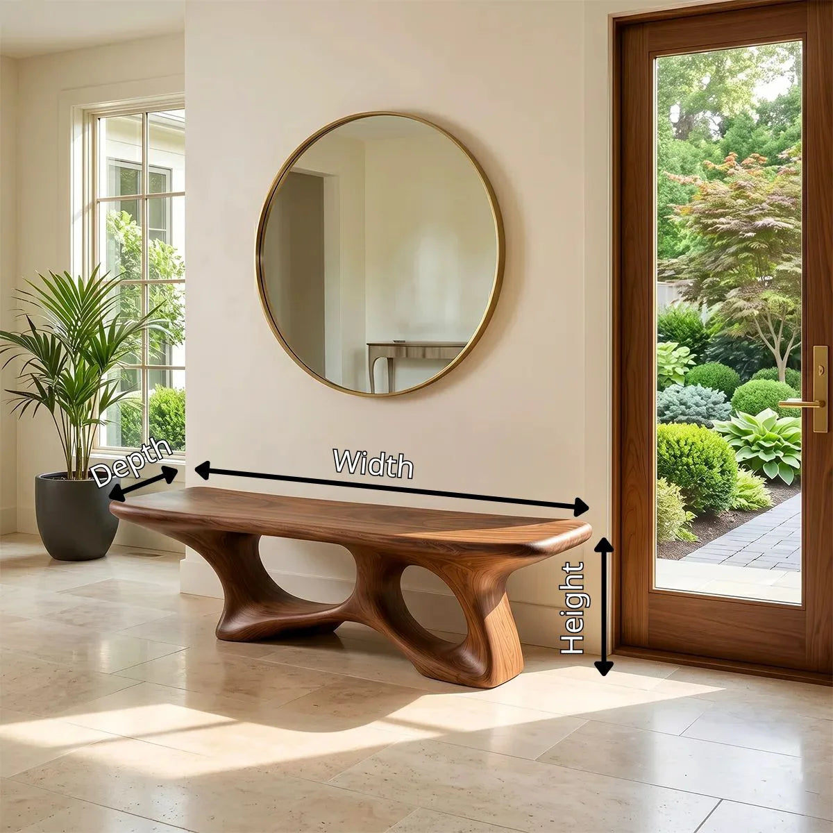Sculptural Entryway Bench, Organic Modern Bench with Architectural Openwork Base TH003-5014