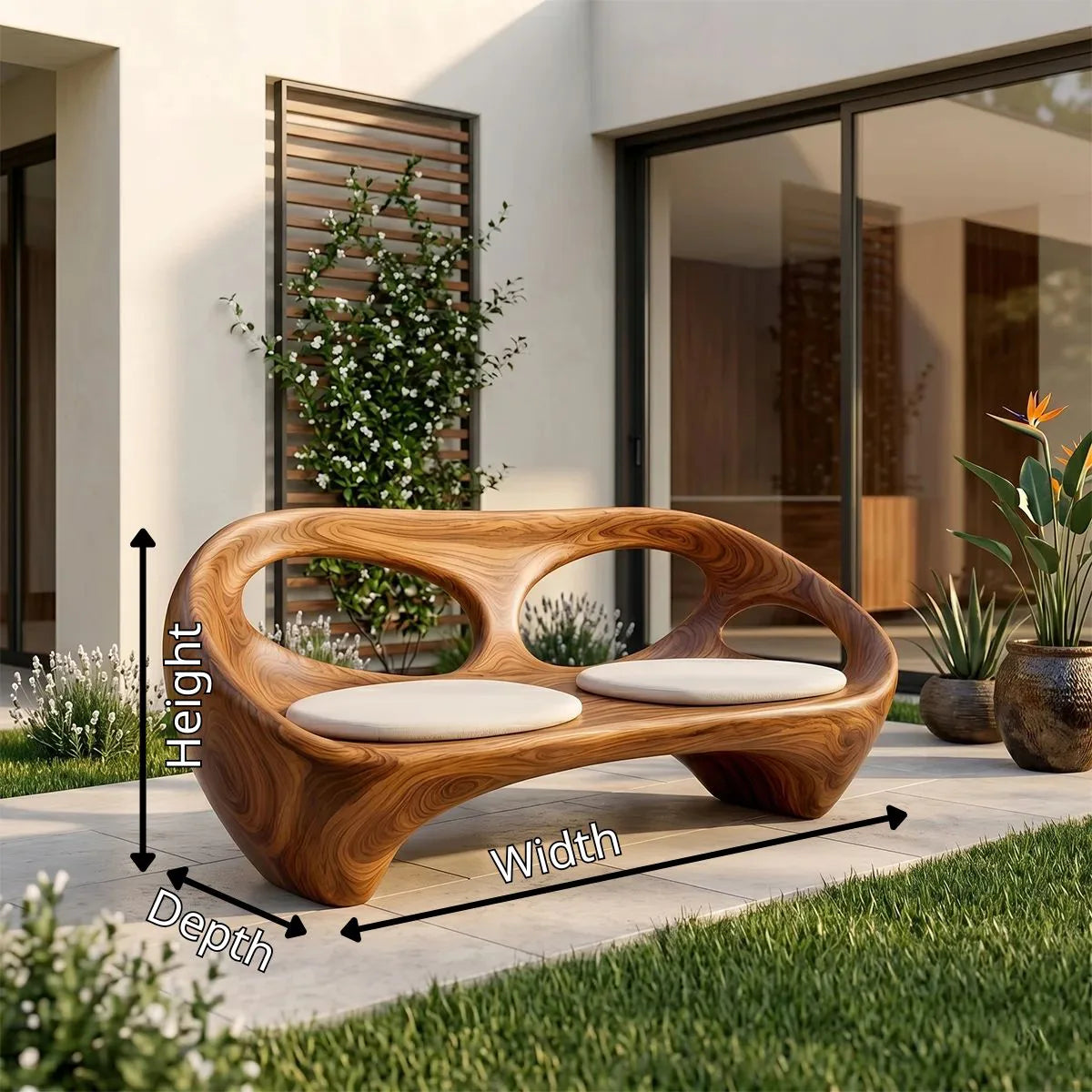Organic Modern Outdoor Bench, Sculptural Curved Garden Loveseat Seating TH003-1399