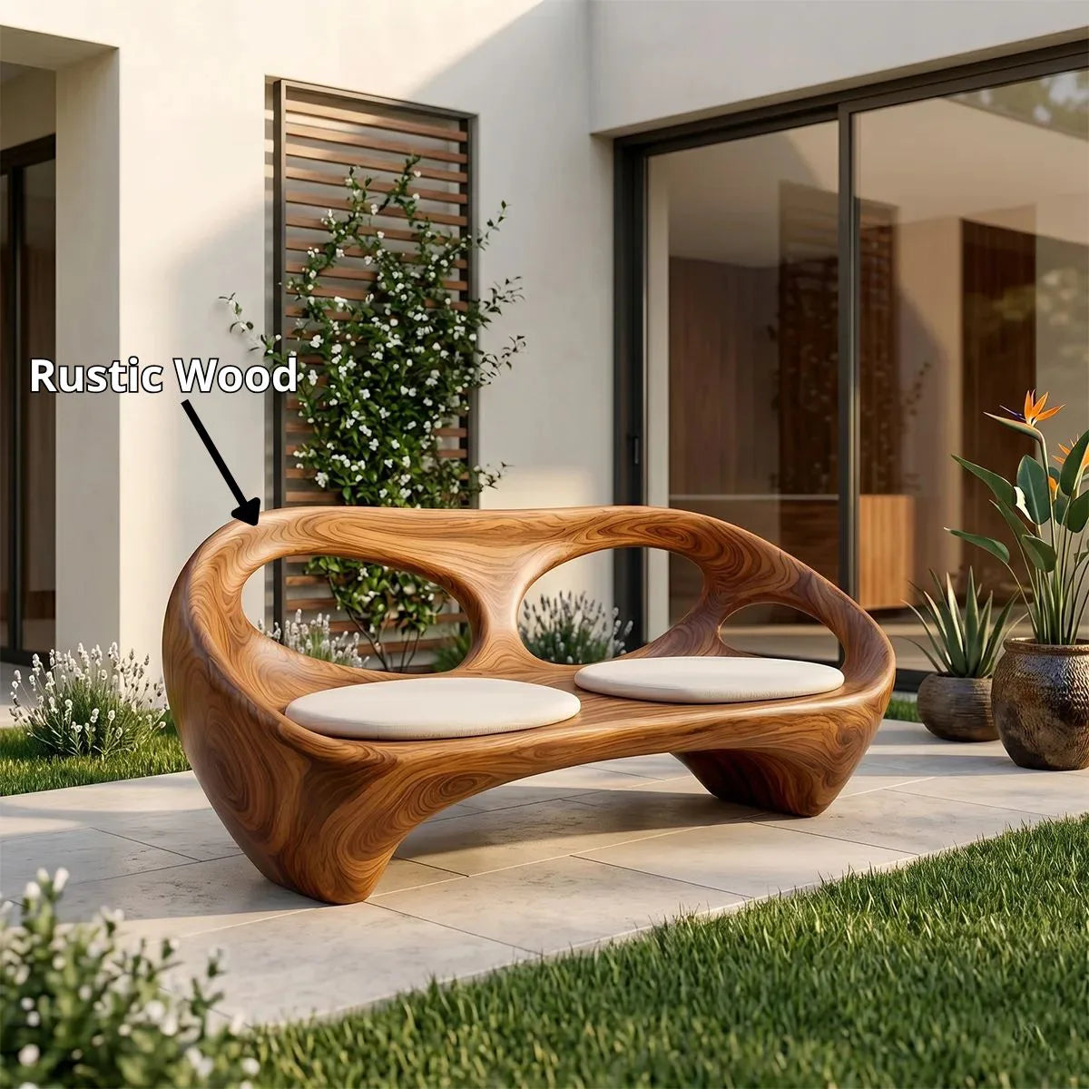 Organic Modern Outdoor Bench, Sculptural Curved Garden Loveseat Seating TH003-1399