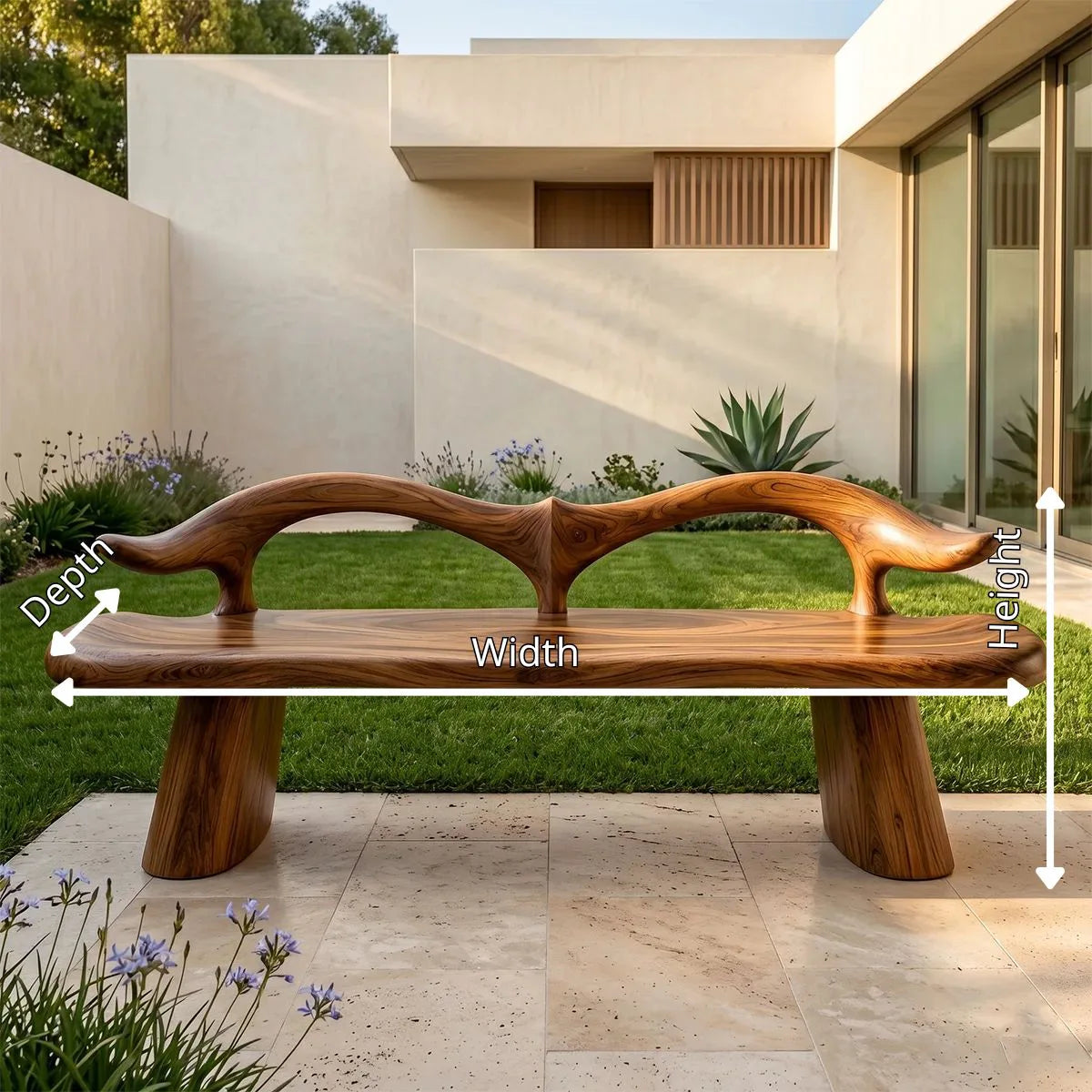 Organic Wave Back Garden Bench, Sculptural Wooden Outdoor Seating TH003-2770