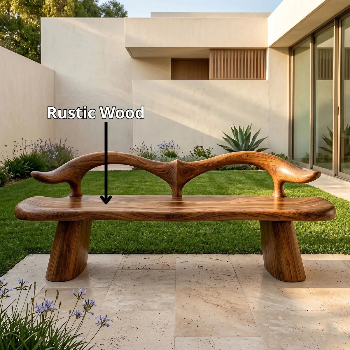Organic Wave Back Garden Bench, Sculptural Wooden Outdoor Seating TH003-2770