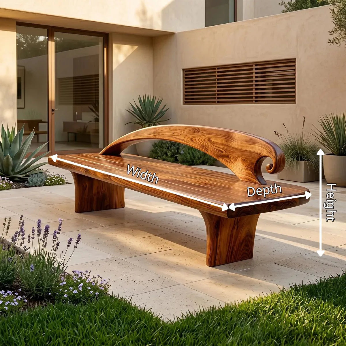 Curved Crest Back Garden Bench, Sculptural Wooden Outdoor Seating TH003-2509