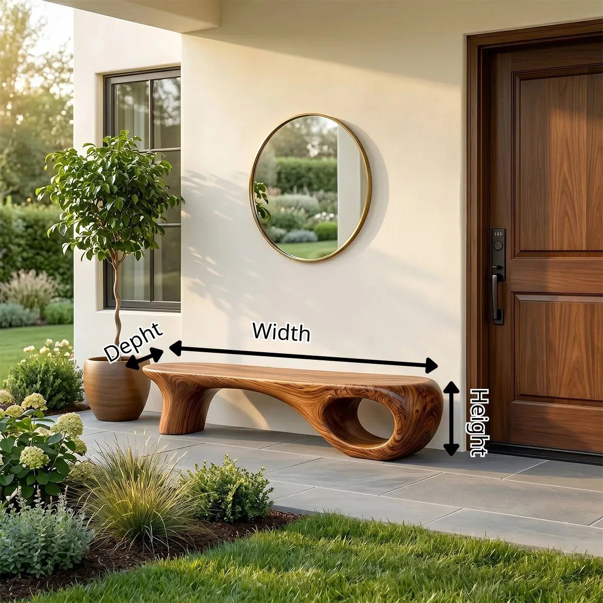 Handcrafted Organic Wood Bench with Sculptural Hollow Base TH003-2154