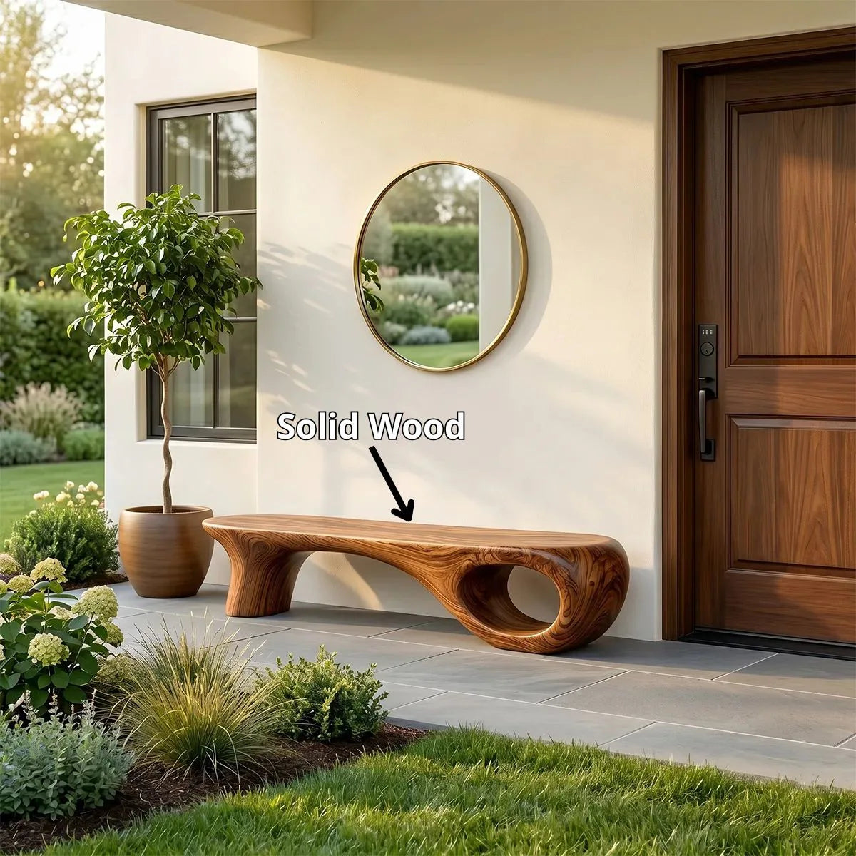 Handcrafted Organic Wood Bench with Sculptural Hollow Base TH003-2154