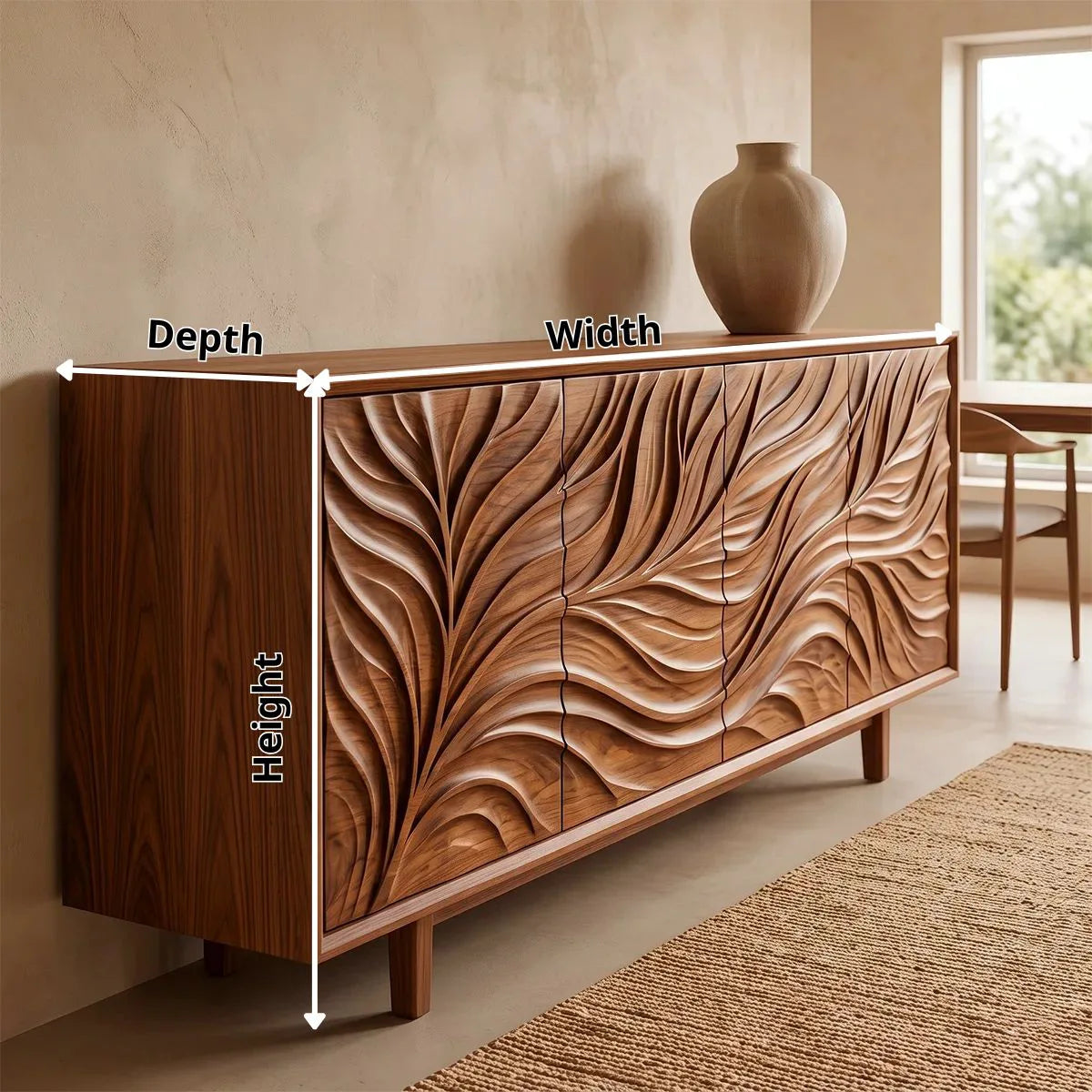 Leaf Carved Solid Wood Sideboard | Organic Modern Buffet Cabinet for Dining & Living Room TH003-7107