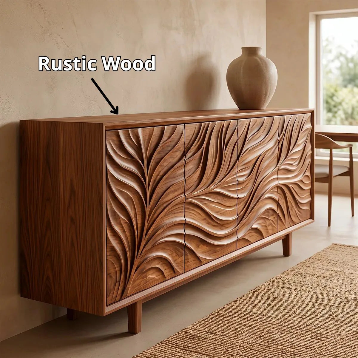 Leaf Carved Solid Wood Sideboard | Organic Modern Buffet Cabinet for Dining & Living Room TH003-7107