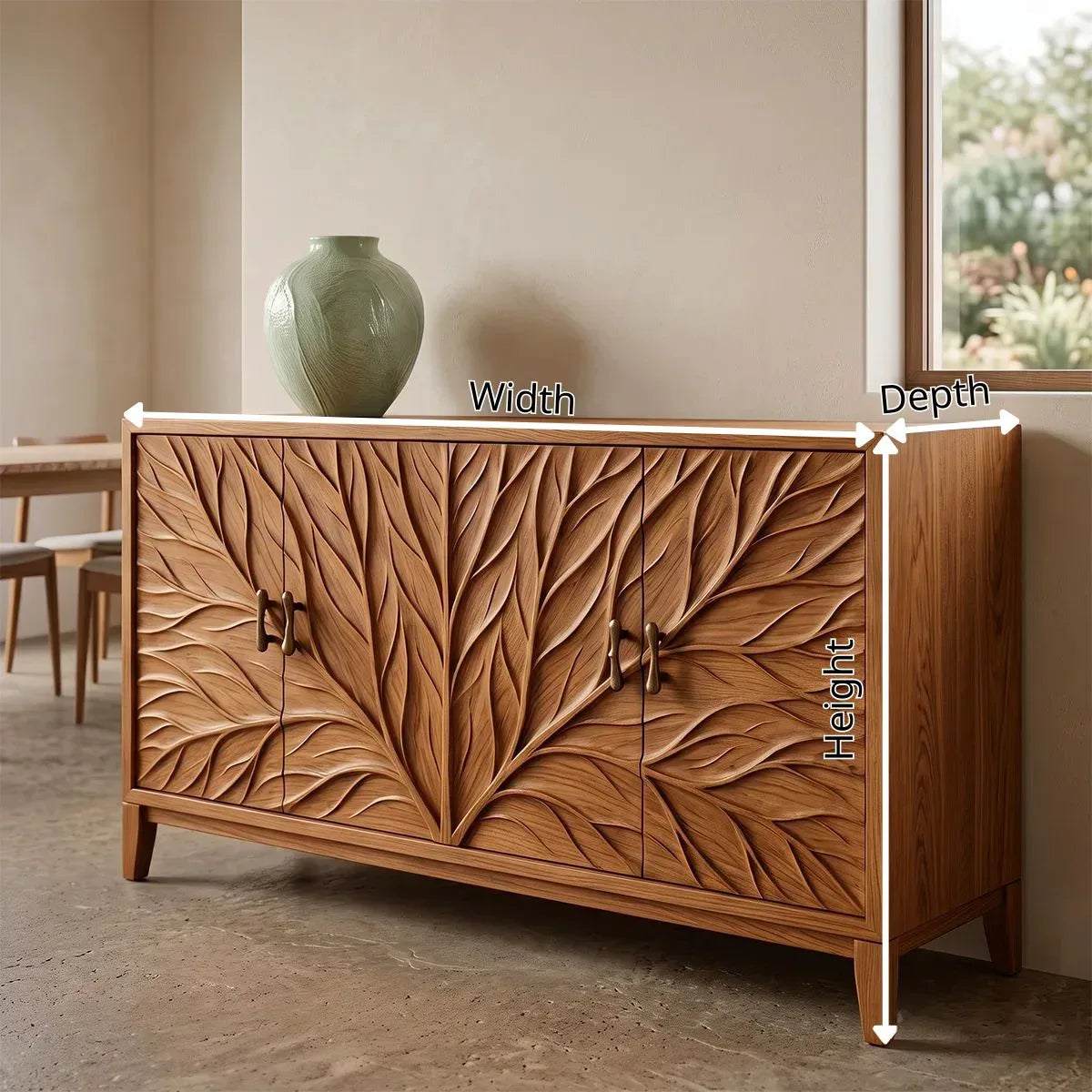 Leaf Carved Solid Wood Sideboard | Botanical Buffet Cabinet for Organic Modern & Japandi Interiors TH003-8571