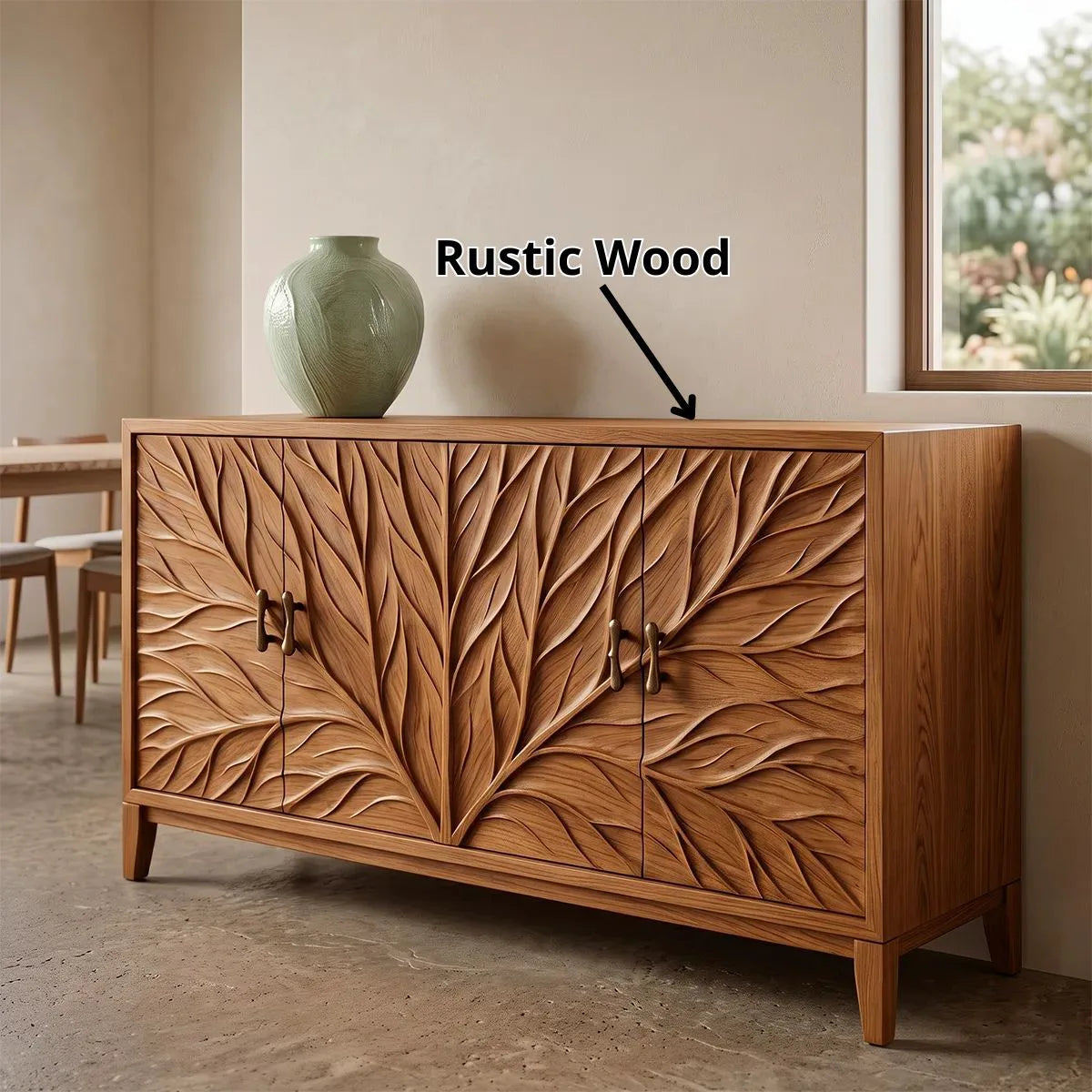 Leaf Carved Solid Wood Sideboard | Botanical Buffet Cabinet for Organic Modern & Japandi Interiors TH003-8571
