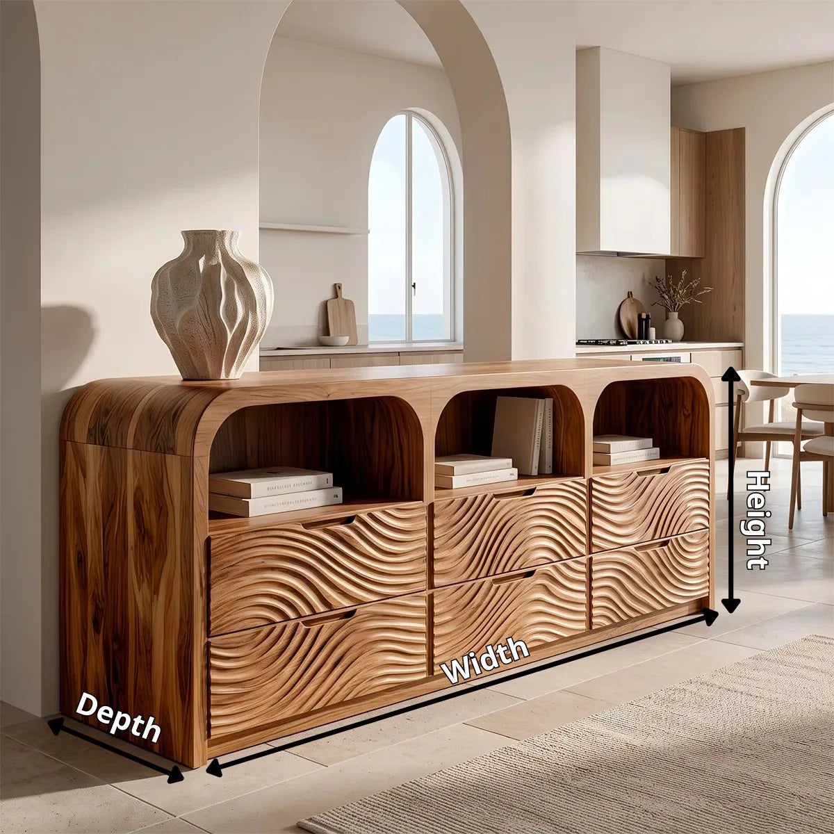 Wave Carved Solid Wood Storage Cabinet | Modern Credenza with Drawers & Open Shelves TH003-9574