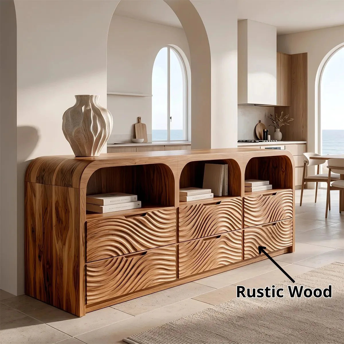 Wave Carved Solid Wood Storage Cabinet | Modern Credenza with Drawers & Open Shelves TH003-9574