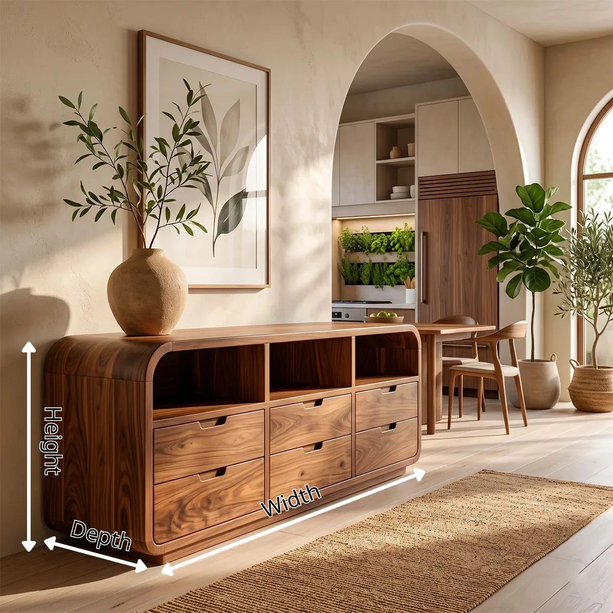 Modern Sideboard Cabinet | 6 Drawer Storage Cabinet with Open Shelves & Rounded Waterfall Design TH003-3023