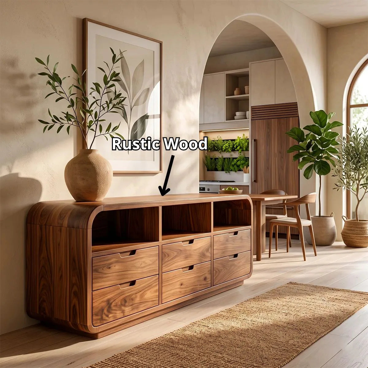 Modern Sideboard Cabinet | 6 Drawer Storage Cabinet with Open Shelves & Rounded Waterfall Design TH003-3023