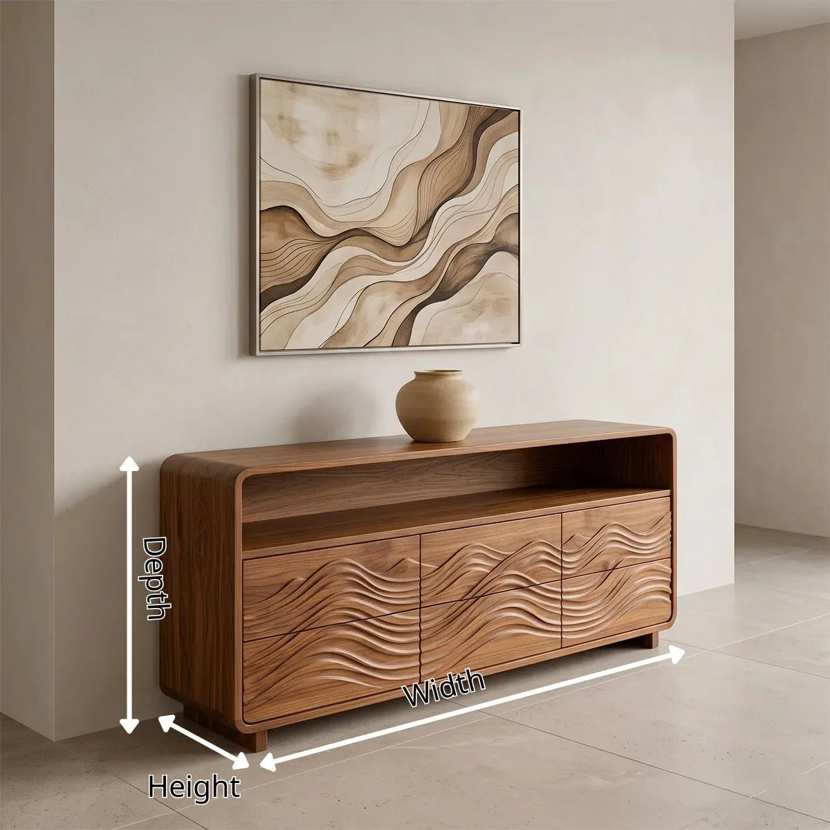 Modern Sideboard Cabinet | Wave Carved Storage Cabinet with Open Shelf & 6 Drawers TH003-7310