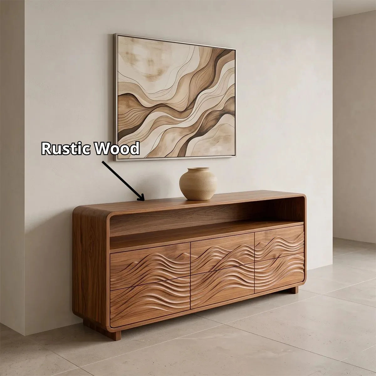 Modern Sideboard Cabinet | Wave Carved Storage Cabinet with Open Shelf & 6 Drawers TH003-7310