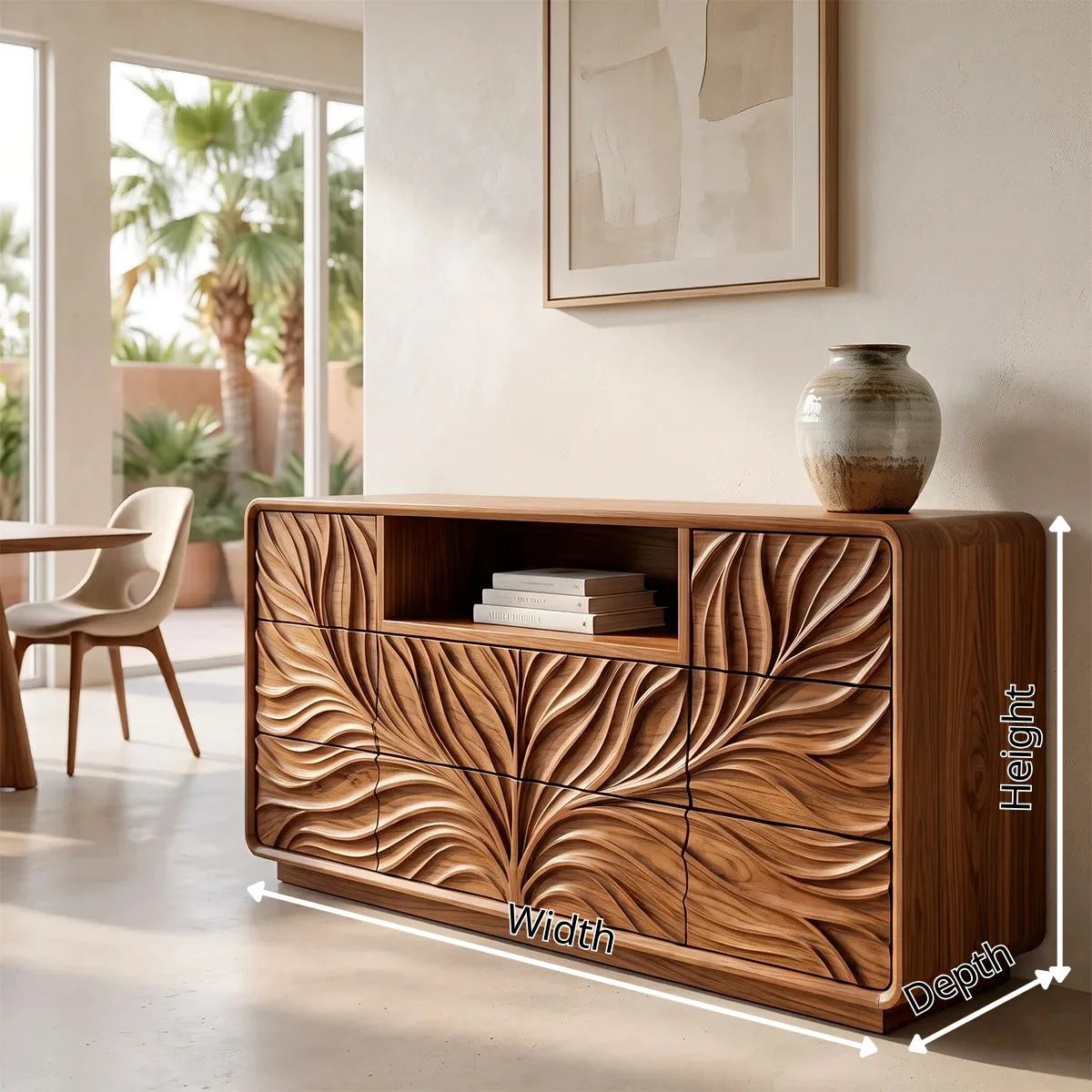 Modern Sideboard Cabinet | Leaf Carved Storage Cabinet with Open Shelf & 8 Drawers TH003-9785
