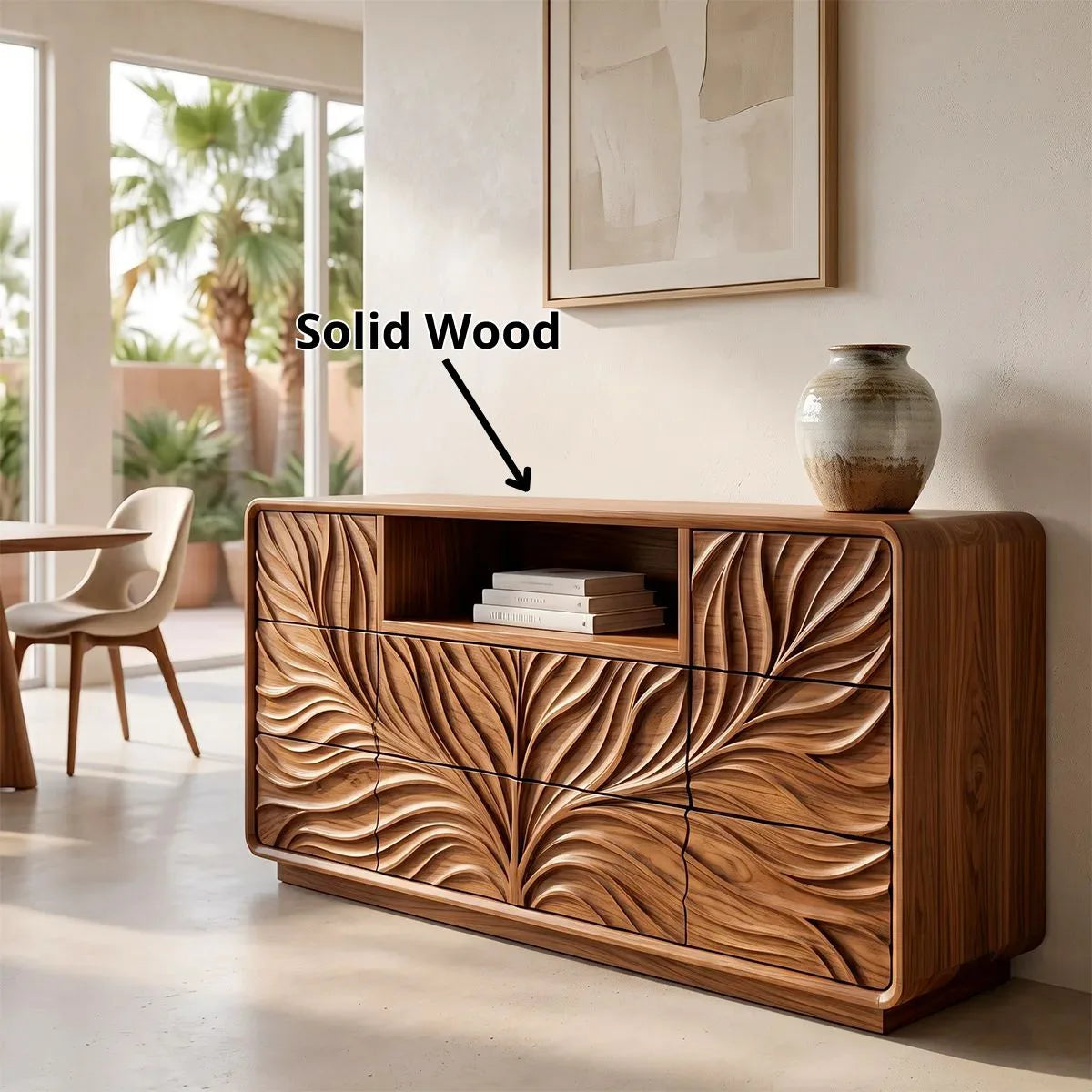 Modern Sideboard Cabinet | Leaf Carved Storage Cabinet with Open Shelf & 8 Drawers TH003-9785
