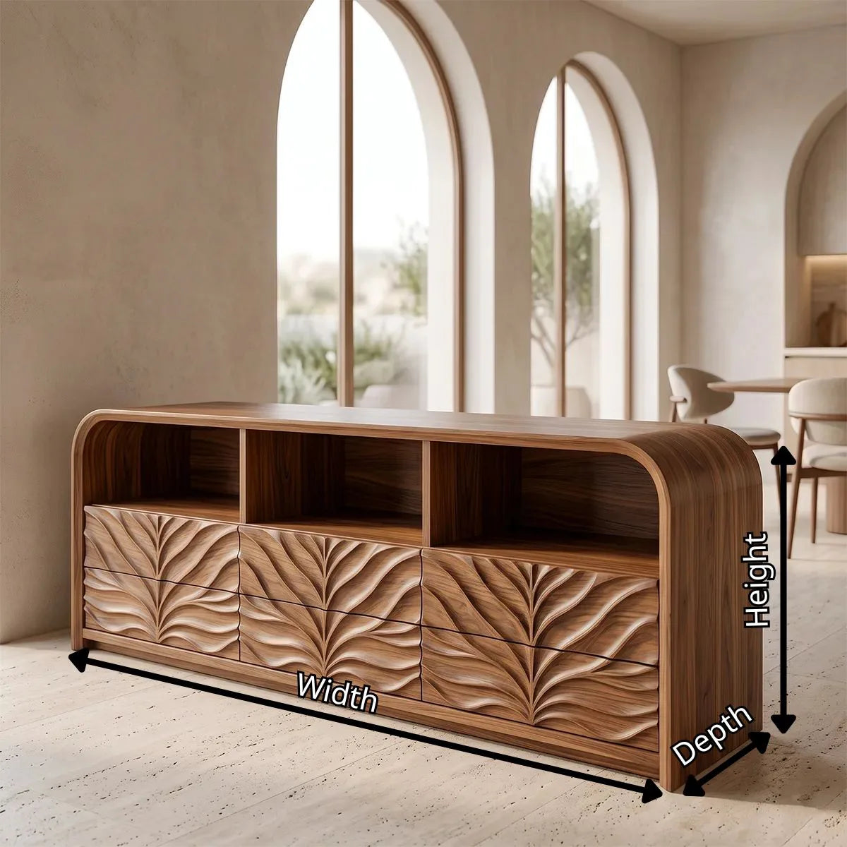 Modern Sideboard Cabinet | Leaf Carved Storage Cabinet with Open Shelves & 8 Drawers TH003-9304