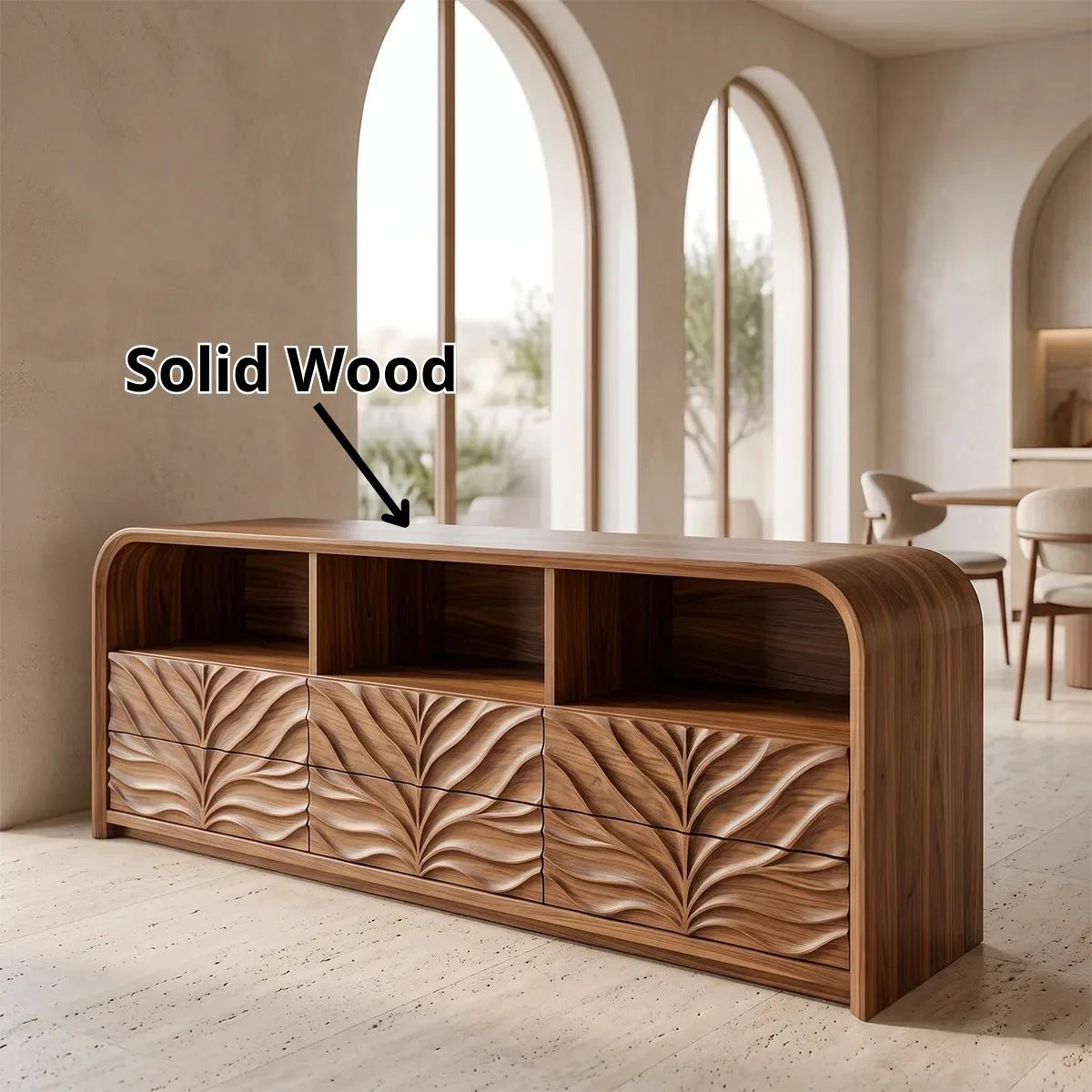Modern Sideboard Cabinet | Leaf Carved Storage Cabinet with Open Shelves & 8 Drawers TH003-9304