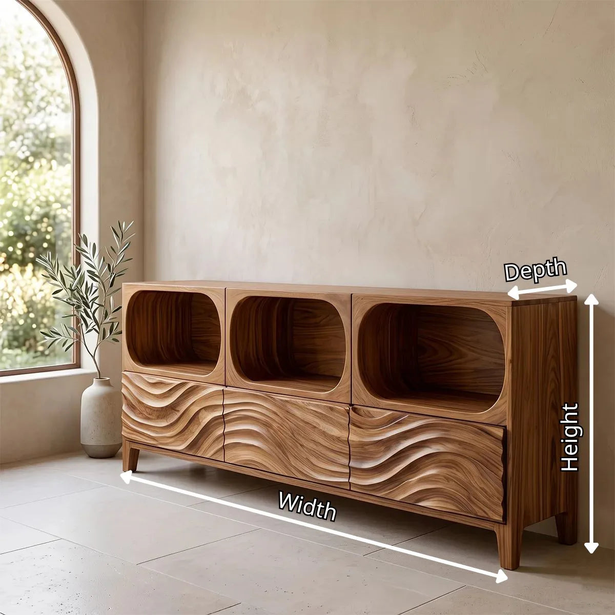 Modern Sideboard Cabinet | Wave Front Storage Cabinet with Open Shelves & Drawers TH003-8331