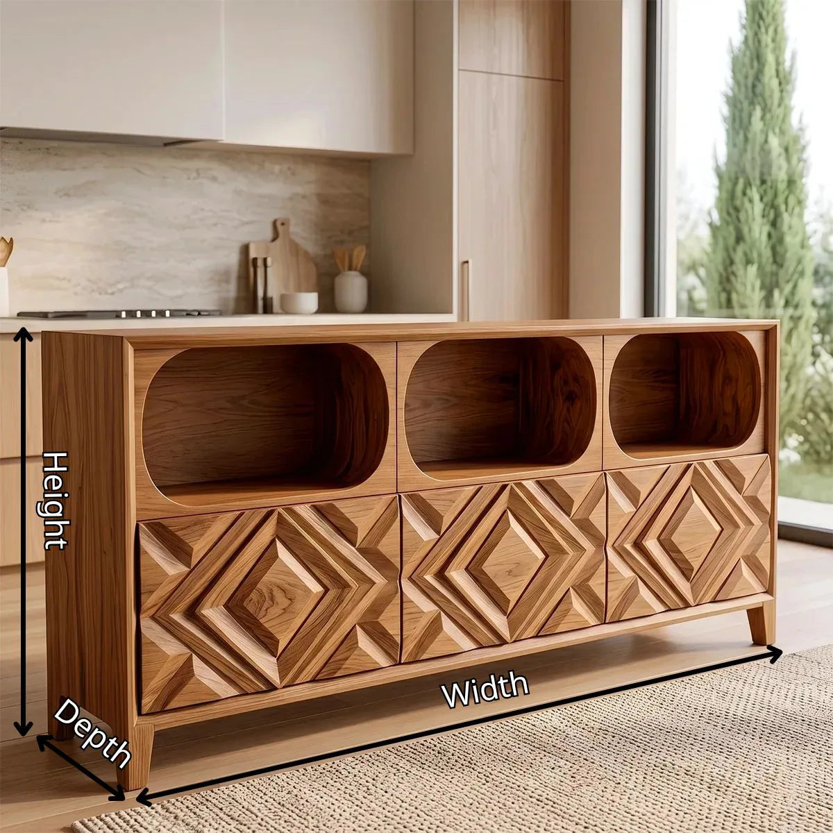 Modern Sideboard Cabinet | Geometric Carved Buffet Cabinet with Open Shelves & Storage TH003-2841