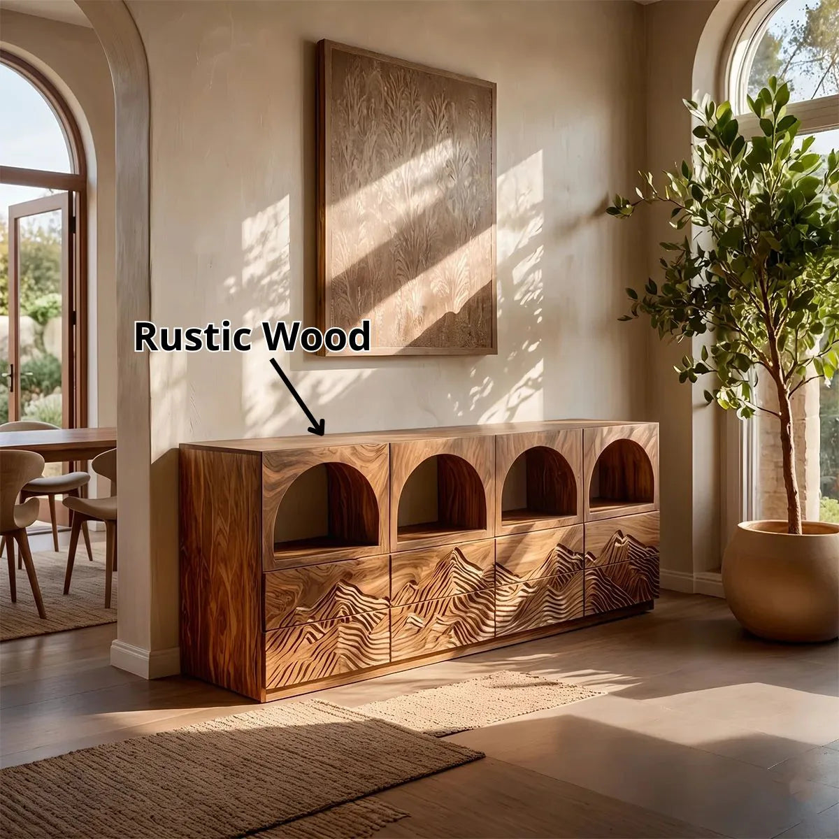 Modern Sideboard Cabinet | Mountain Carved Buffet Cabinet with Open Shelves & Drawers TH003-4345