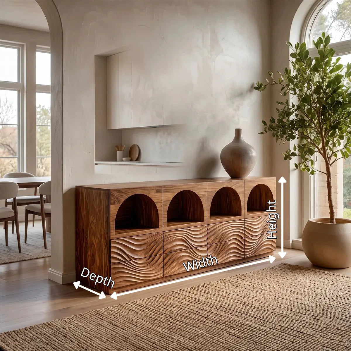 Modern Sideboard Cabinet | Wave Carved Buffet Cabinet with Open Shelves & Drawers TH003-8099