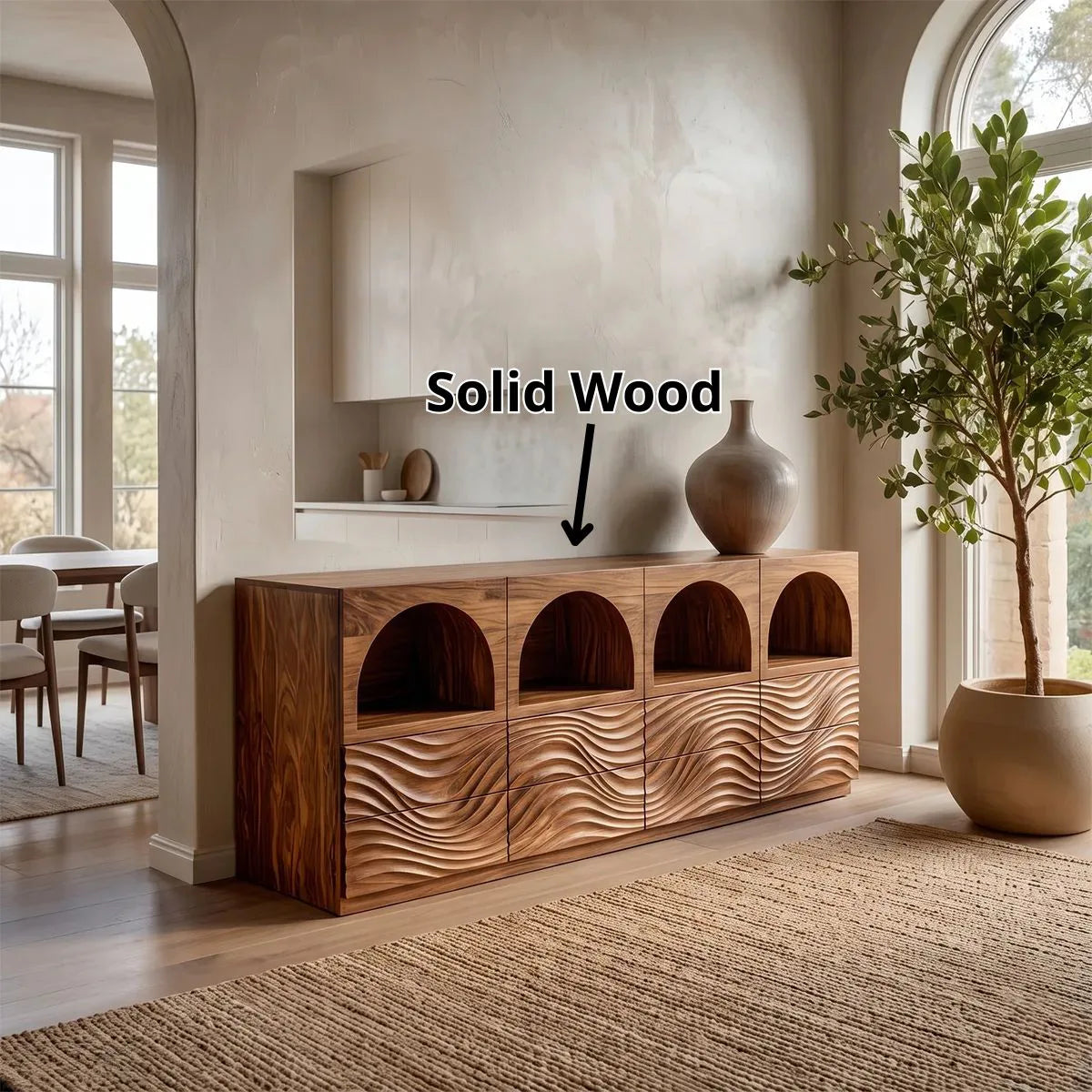 Modern Sideboard Cabinet | Wave Carved Buffet Cabinet with Open Shelves & Drawers TH003-8099