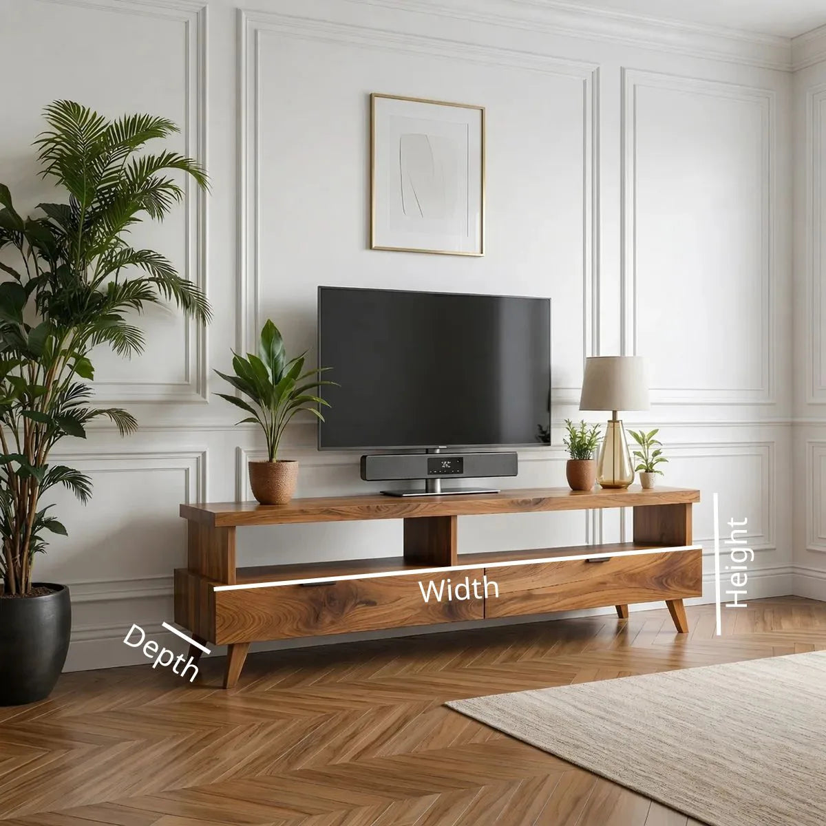 Minimalist TV Stand with Open Shelf and 2 Drawers