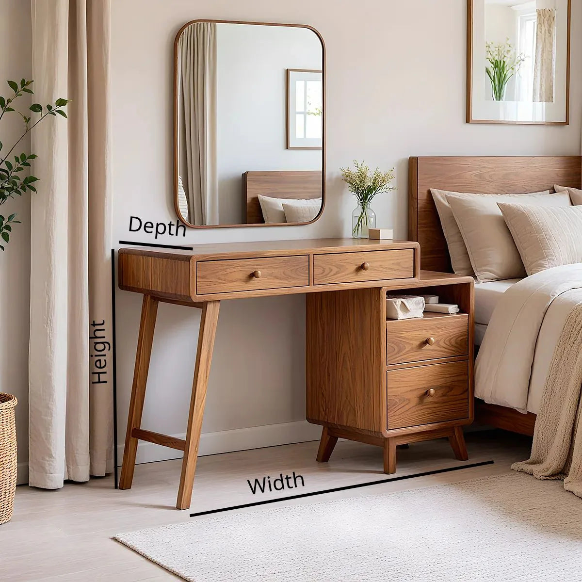 Mid-Century Solid Wood Vanity Desk with Side Cabinet Storage and Mirror