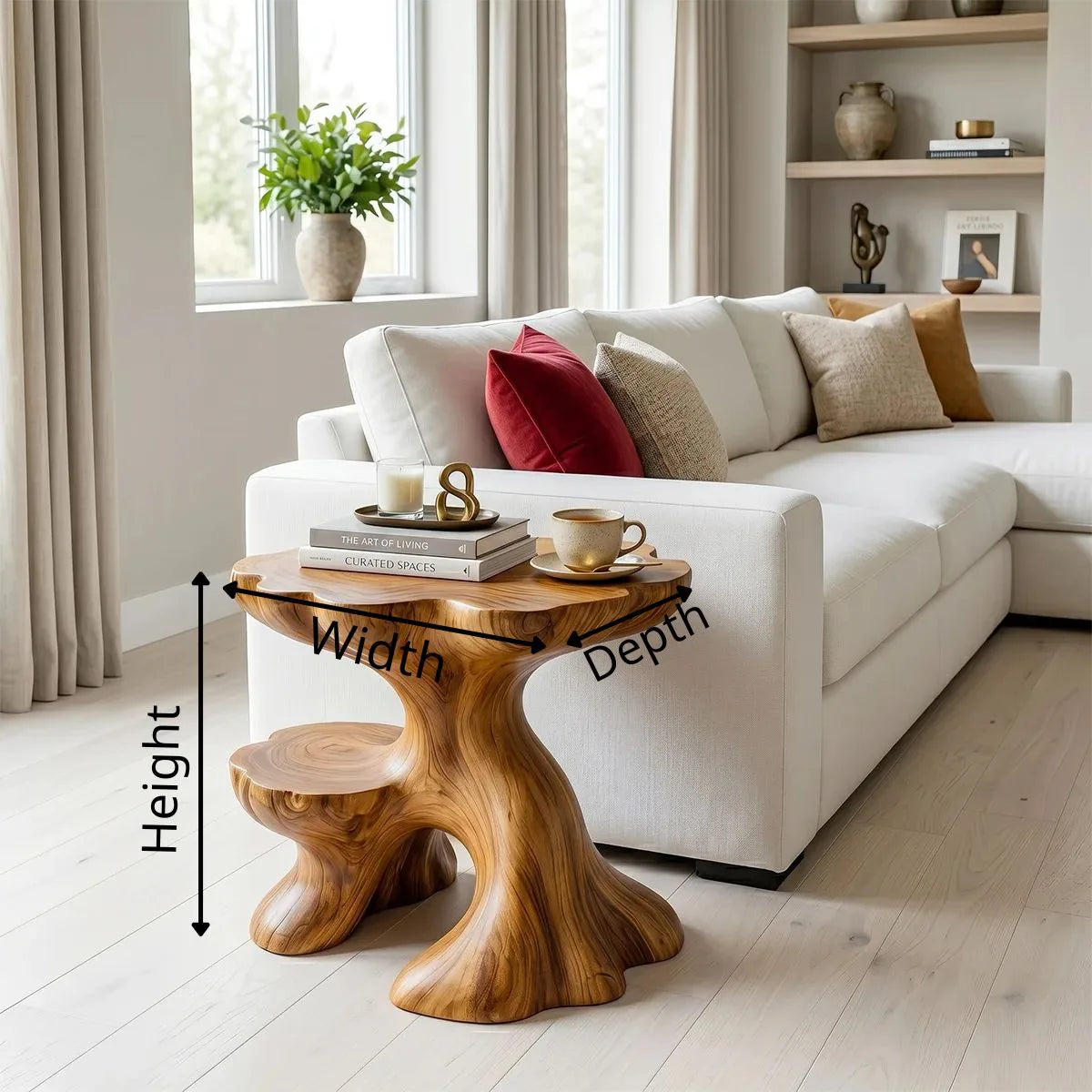 Sculptural Solid Wood Side Table with Shelf | Organic End Table TH003-9908