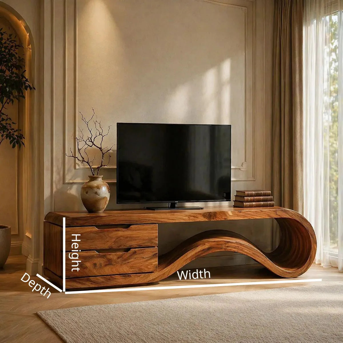 Solid Wood TV Console with Sculptural Wave Shelf and 2 Drawers