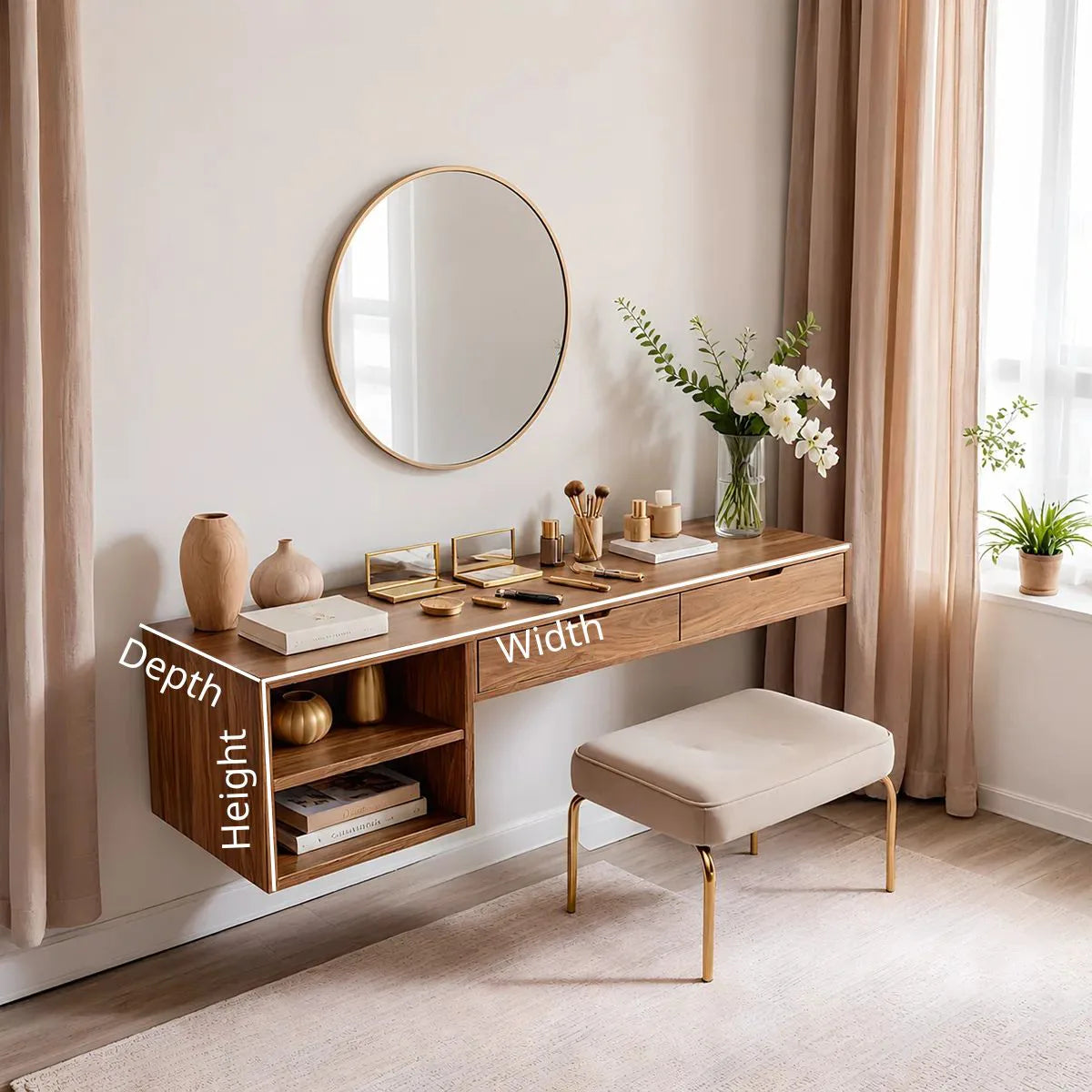 Floating Solid Wood Vanity Desk with Open Shelving and Storage Drawers