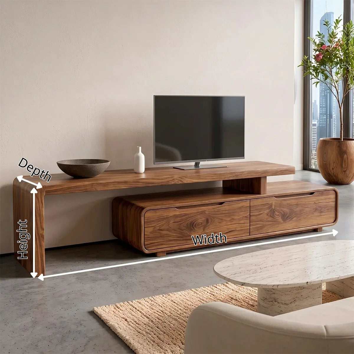 Modern Asymmetrical TV Stand with 2 Drawers | Low Profile Media Console TH003-9QJE5UT